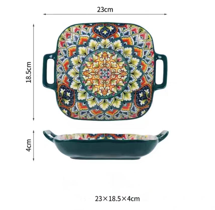 

Bohemian double ear square ceramic plate creative household dish plate net red fruit spaghetti plate oven microwave oven-9inch 9 inches