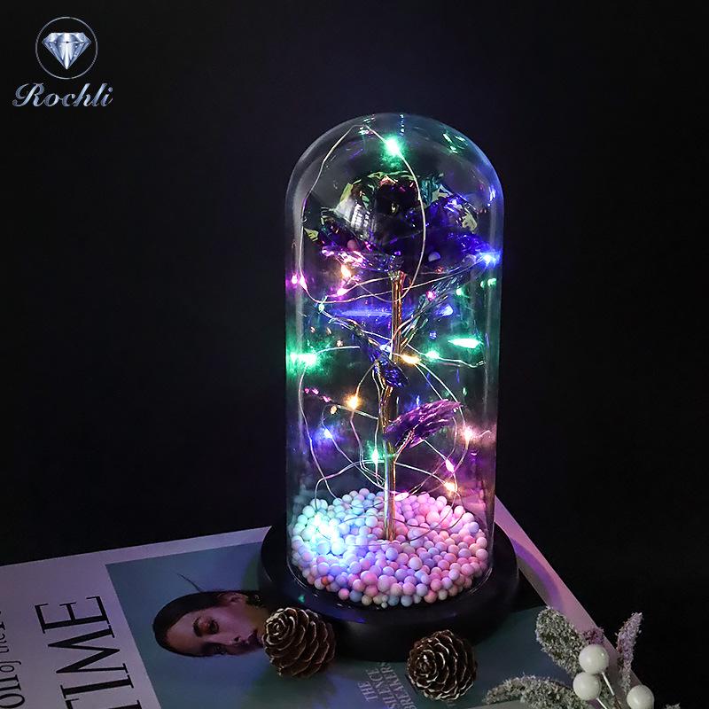 Rose Flower Preserved in Glass Dome with Night Light - Mother's Day or Birthday Gift Ornament