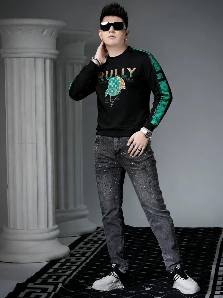 European High-End Embroidered Sequin Crewneck Sweatshirt for Men, 2025 New Autumn Trendy Brand Long-Sleeve Top