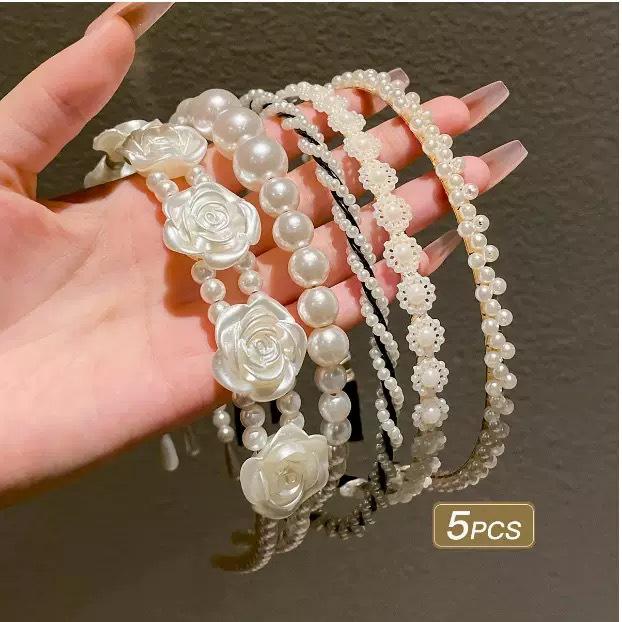 Ensemble de Serre-têtes Cinq Pièces en Perles d'Imitation - Élégant, Polyvalent Style Féerique pour Femmes