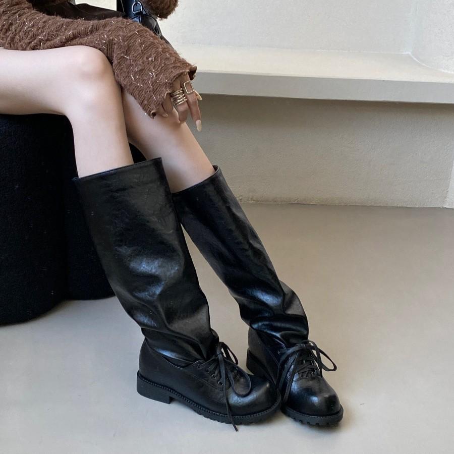 Ballet style retro western stacking boots women's 2025 new two-wear pleated straps medium boots giant soft boots