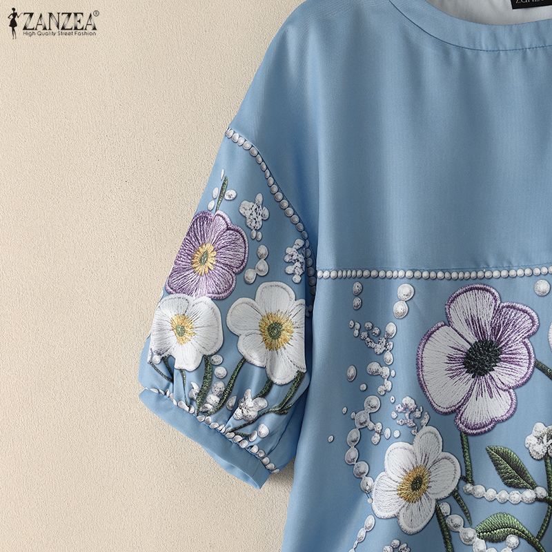 ZANZEA Women Floral Print Summer Casual Round Neck Half Sleeve Blouse