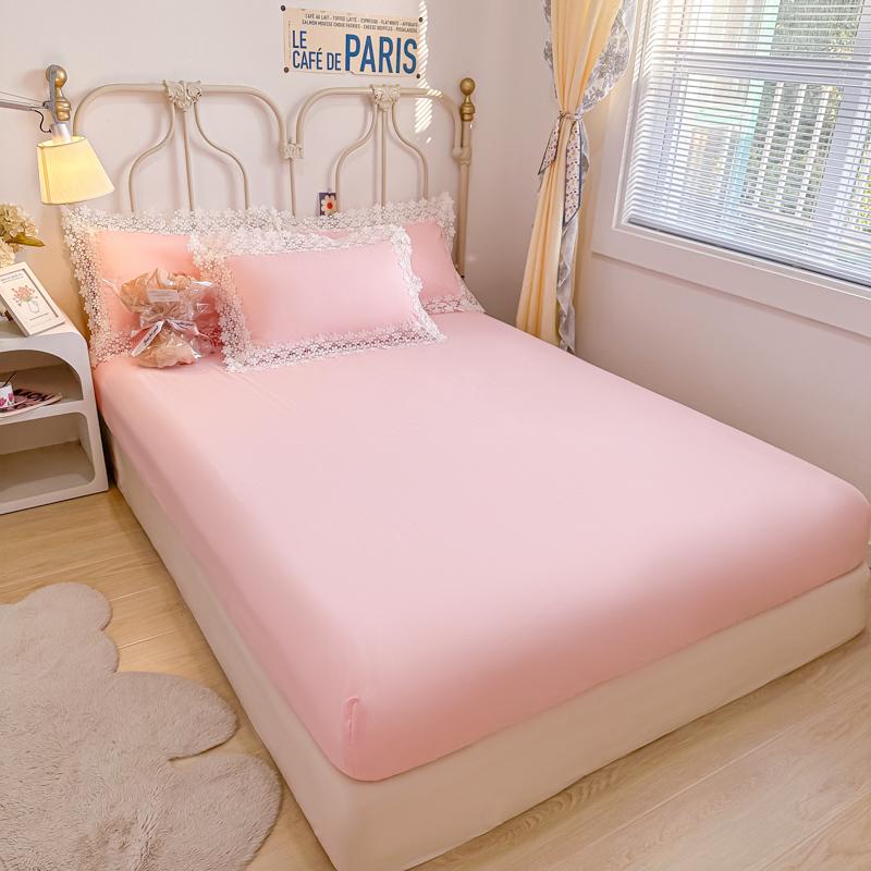 Solid Color Bedding Set with Lace Edge Princess Style Pink Bed Cover Set Queen/King Bed Sheet Sets for Girls Double Bedding Sets