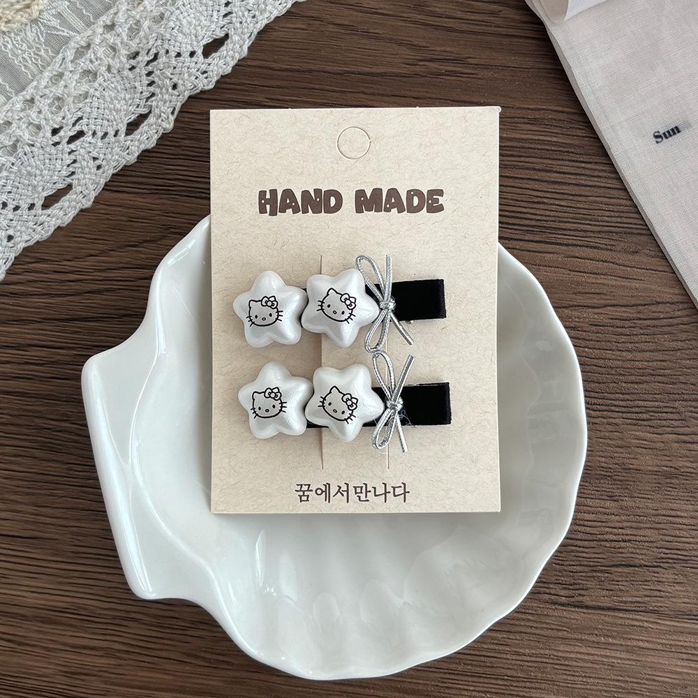 Love Heart Star Kitten Hair Clips & Ties Set: Black & White Elastic Bands, Side Clips, Versatile Bangs Clips for Children