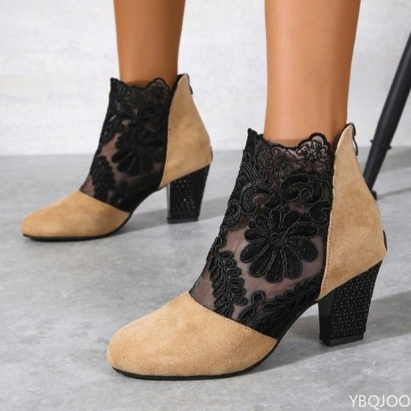 New Spring Summer Fashionable Versatile Women Shoes Retro Minimalist Embroidery Elegant Round Head Lace Short Boots Women Boots