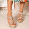 Keilsandalen Damen 2025 Sommer Neu Runde Zehenpartie Offene Zehenpartie Strassblumen Schmal Commuter Weiche Sohle Damenschuhe