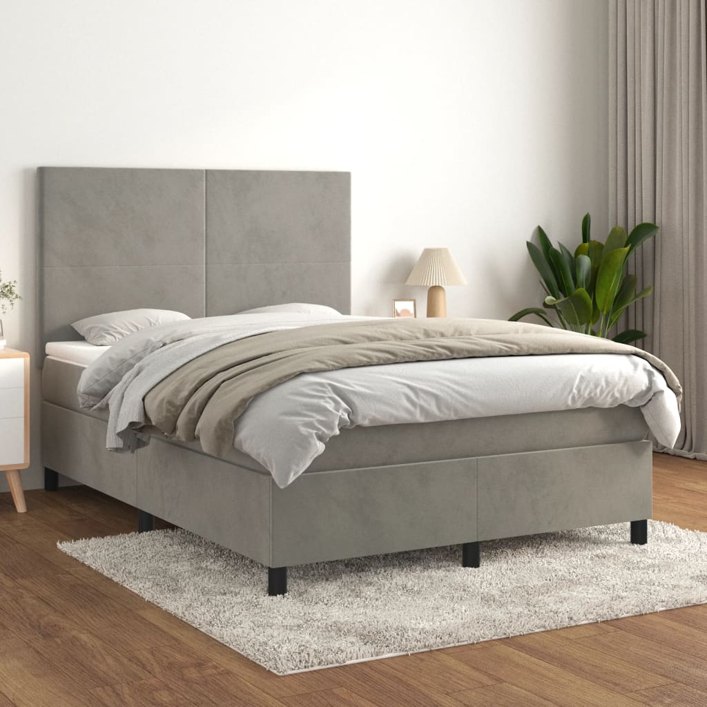 Box Spring Bed with Mattress Light Gray 140 x 190 cm Velvet