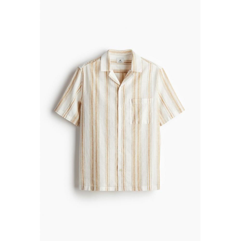 

Рубашка HM Regular Fit из льняной смеси Camp, бежевая полоска