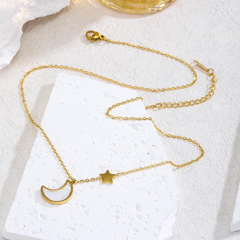 Moon and Star White Shell Necklace for Women - New Titanium Steel Luxury Clavicle Chain, Simple, No Fading