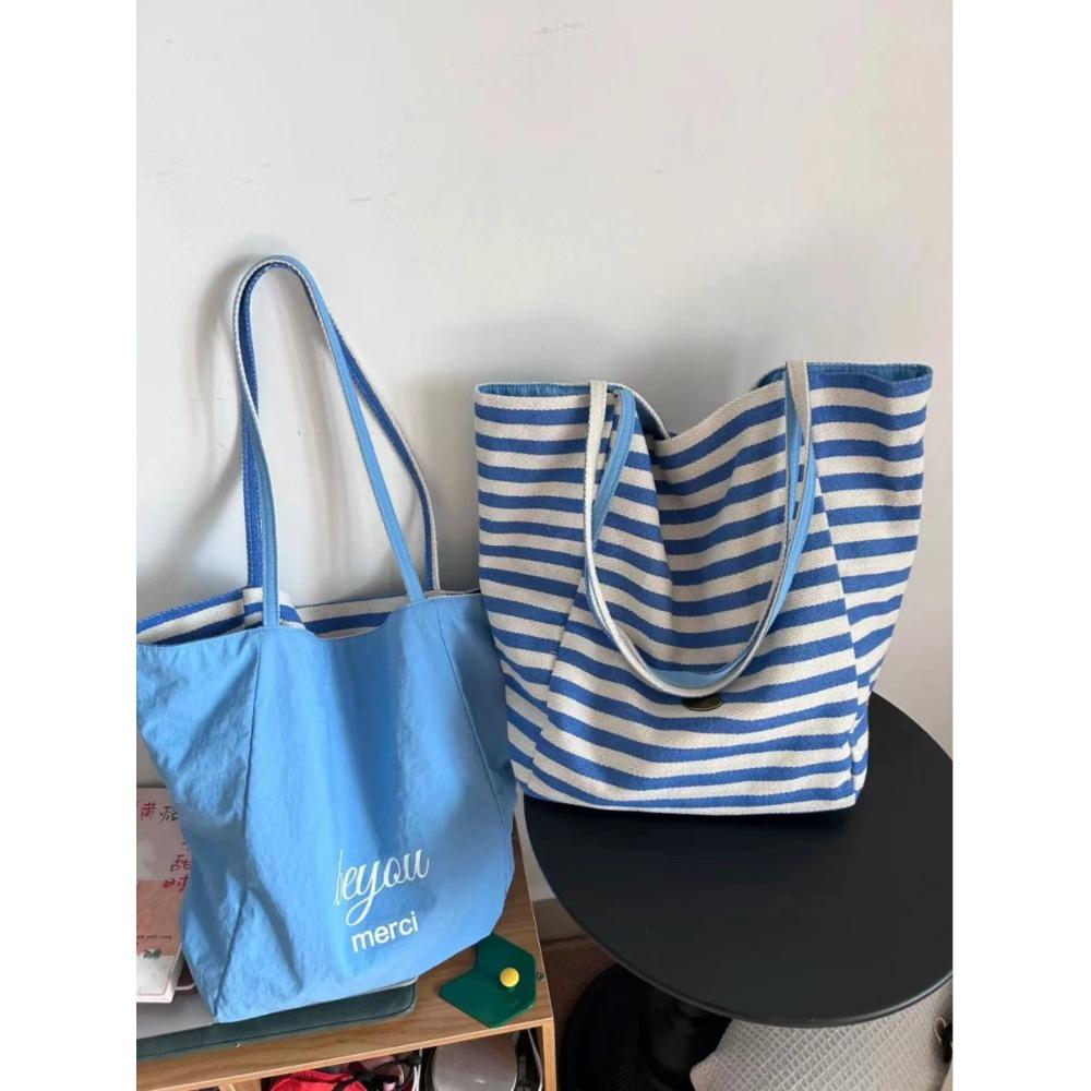 Double-sided striped canvas bag female niche Korean large-capacity lazy wind tote bag student leisure shopping bag bag