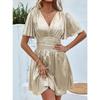 QICED Fashion Summer Spring Solid Color Print Short Sleeve V-Neck Casual Dresses