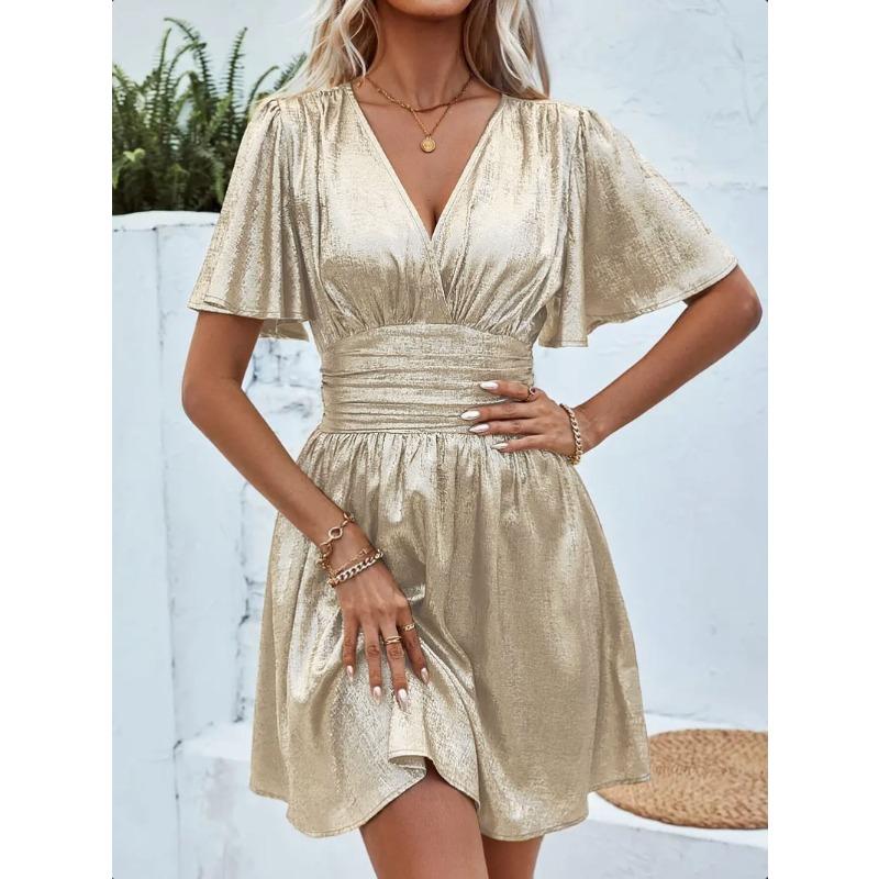 QICED Fashion Summer Spring Solid Color Print Short Sleeve V-Neck Casual Dresses