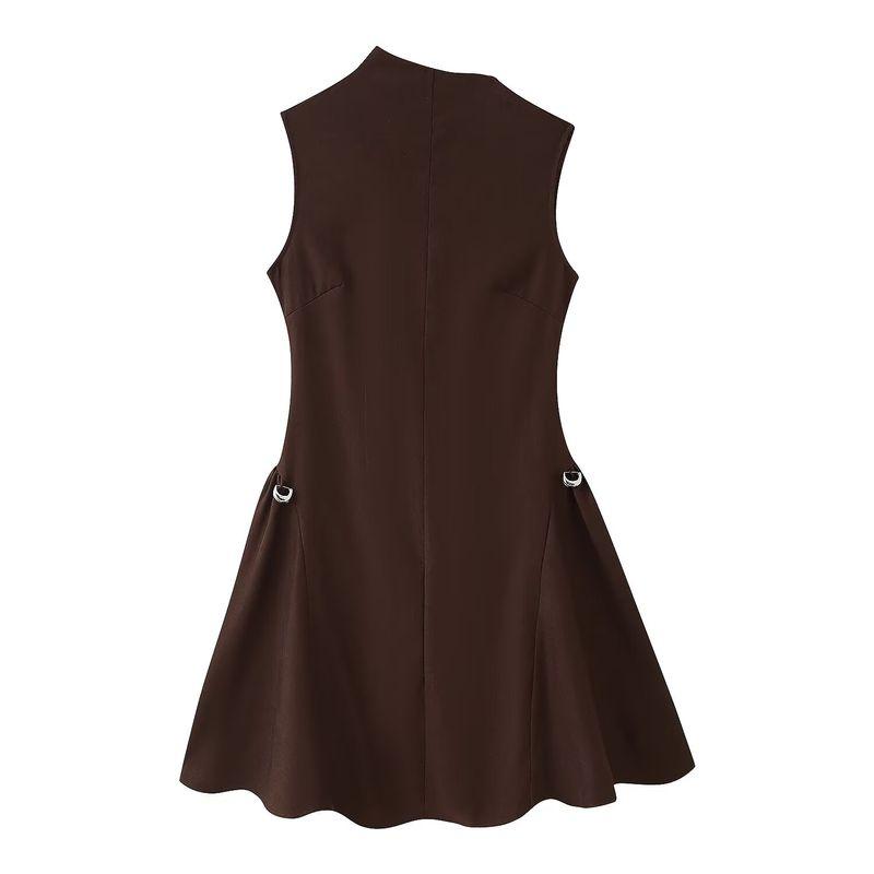 

Kaslead New Arrival Women s Clothing Fashion Style Fashion Minimalist Sleeveless Shoulder Metal Decoration Short Dress Brown L