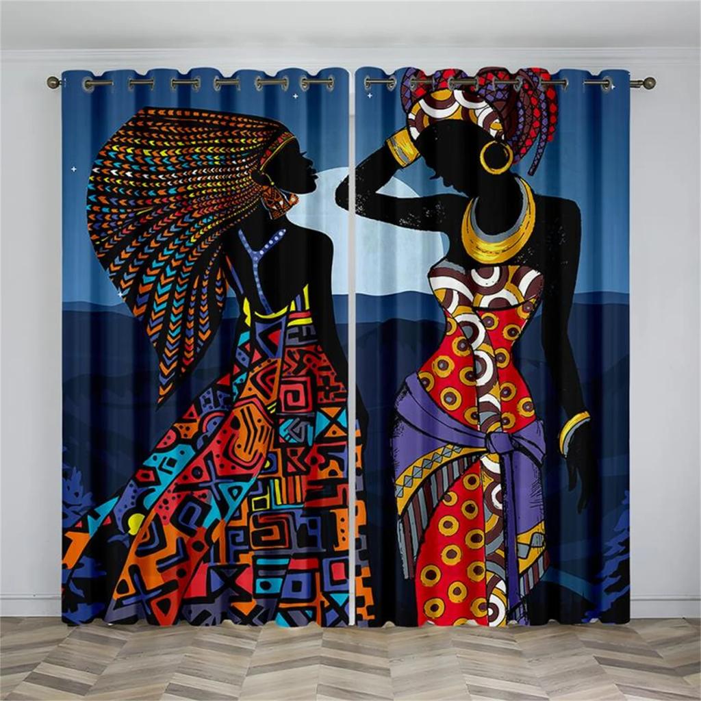 Schwarze Afrikanische Frauen Kunst Abstraktes Design National Lichtfilternde Vorhänge Fenstergardinen für Wohnzimmer Schlafzimmer 2 Stück Dekor