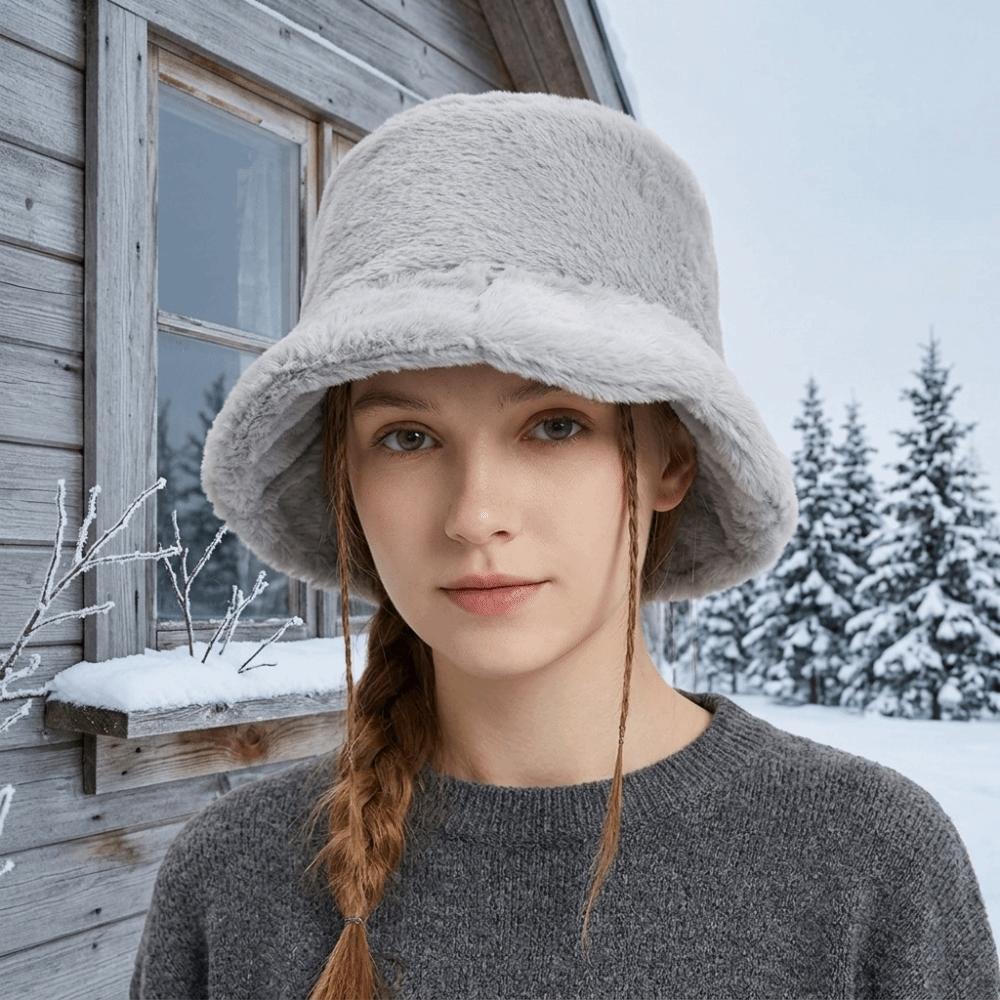 Cold -proof Faux Fur Bucket Hat Warmer Winter Panama Hat Simple Plush Fisherman Hat Shopping