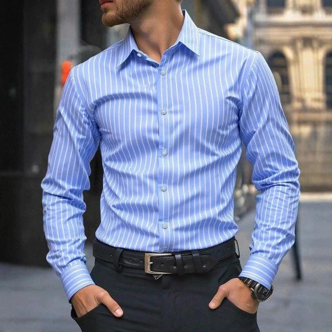 Mens Retro Striped Long Sleeve Slim Fit Casual Shirt For Spring Autumn