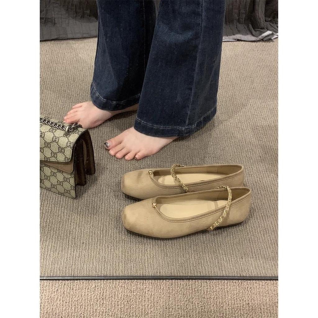 Women's Mary Jane Shoes Uniform Small Leather Shoes Small Fragrant Wind Square Head Suede Chain One-word Belt Flat Single Shoes 2025 New