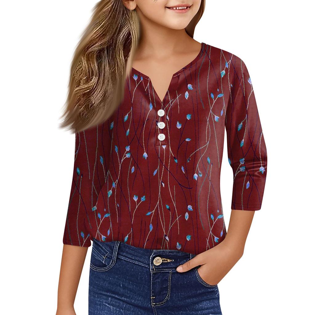 Mädchen Lässige Mode Oberteile Bedrucktes Sieben-Ärmel T-Shirt mit Knöpfen