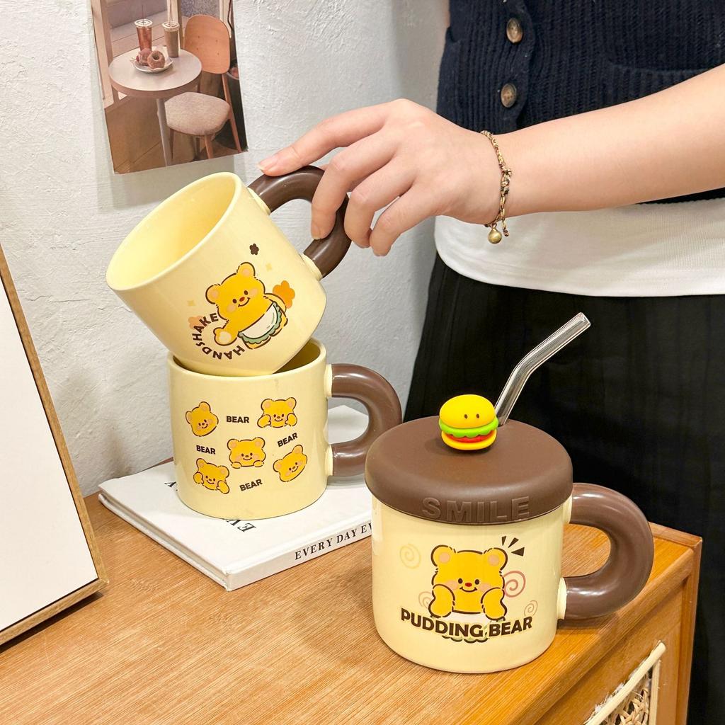 Cute Butter Bear Straw Cup High Value Ceramic Mug with Lid Cute Drinking Water Cup Birthday Gift Practical
