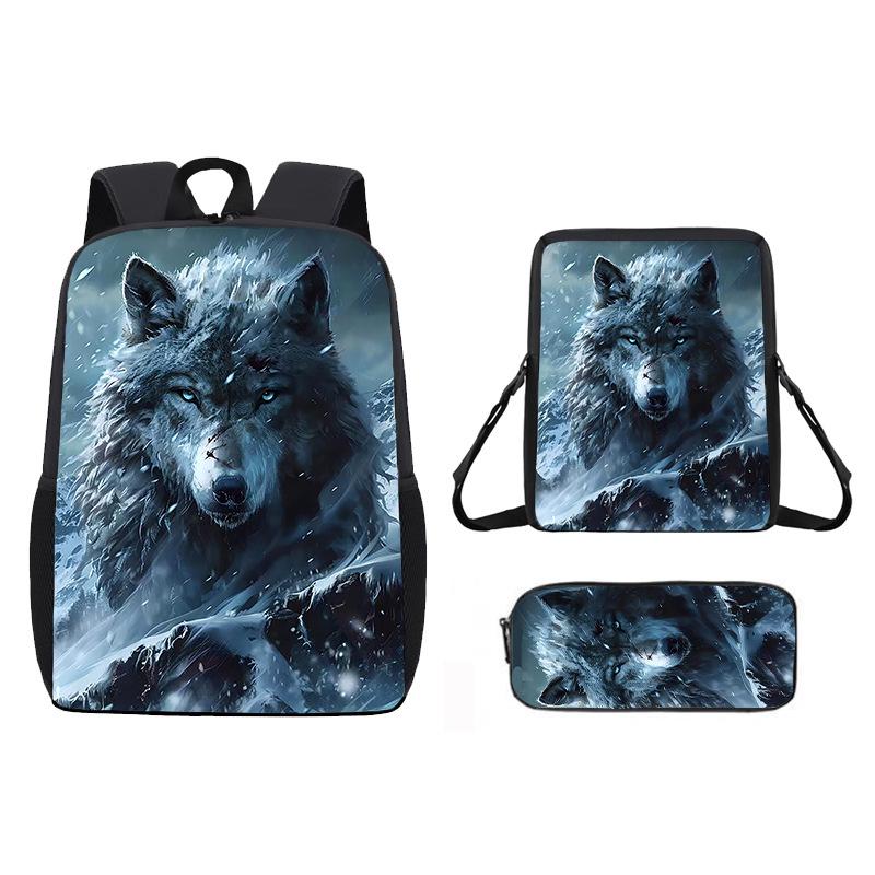 Zaino Stampato con Animale Lupo da 17 Pollici Zaino per Studenti Maschi e Femmine Zaino Scolastico per Bambini Set da Tre Pezzi