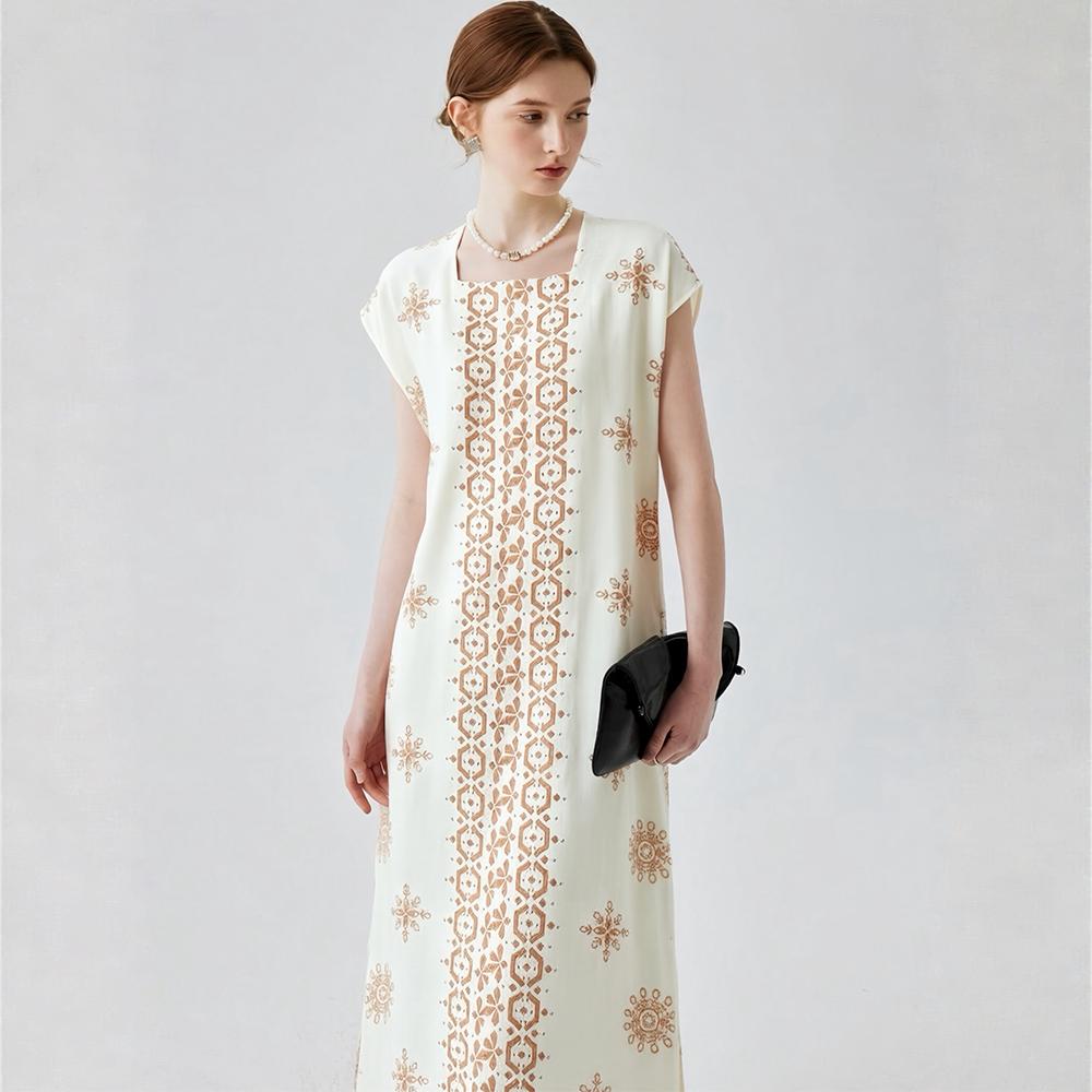 Women's Square Collar Sleeveless Loose Summer Dress Bohemian Vintage Print Long Maxi Dress with Belt