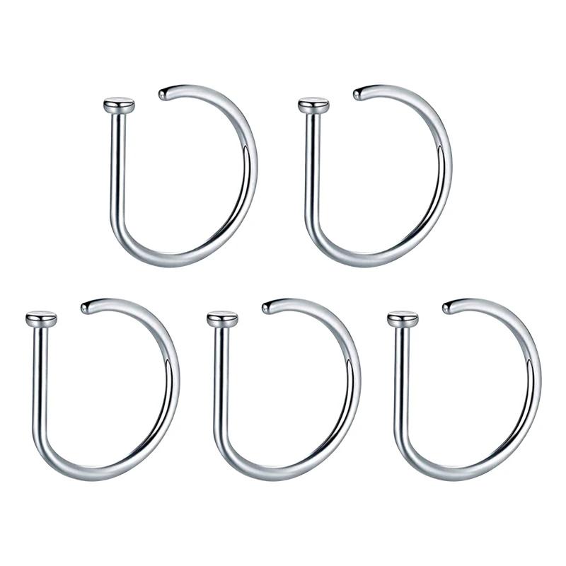 5pc Nose Rings D Shape Nose Hoop Stud Ear Cartilage Piercing Stainless Steel Nose Nostril Piercing Jewelry Women Body Piercings 1.0x8mm