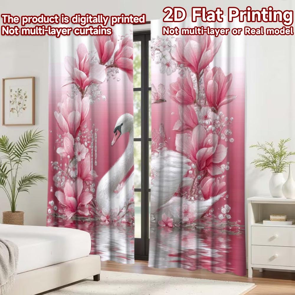 2D flat printing 2pcs Curtain Party Curtain Romantic Swan with Flowers Digital Printed Polyester Drapes Party Decorations for