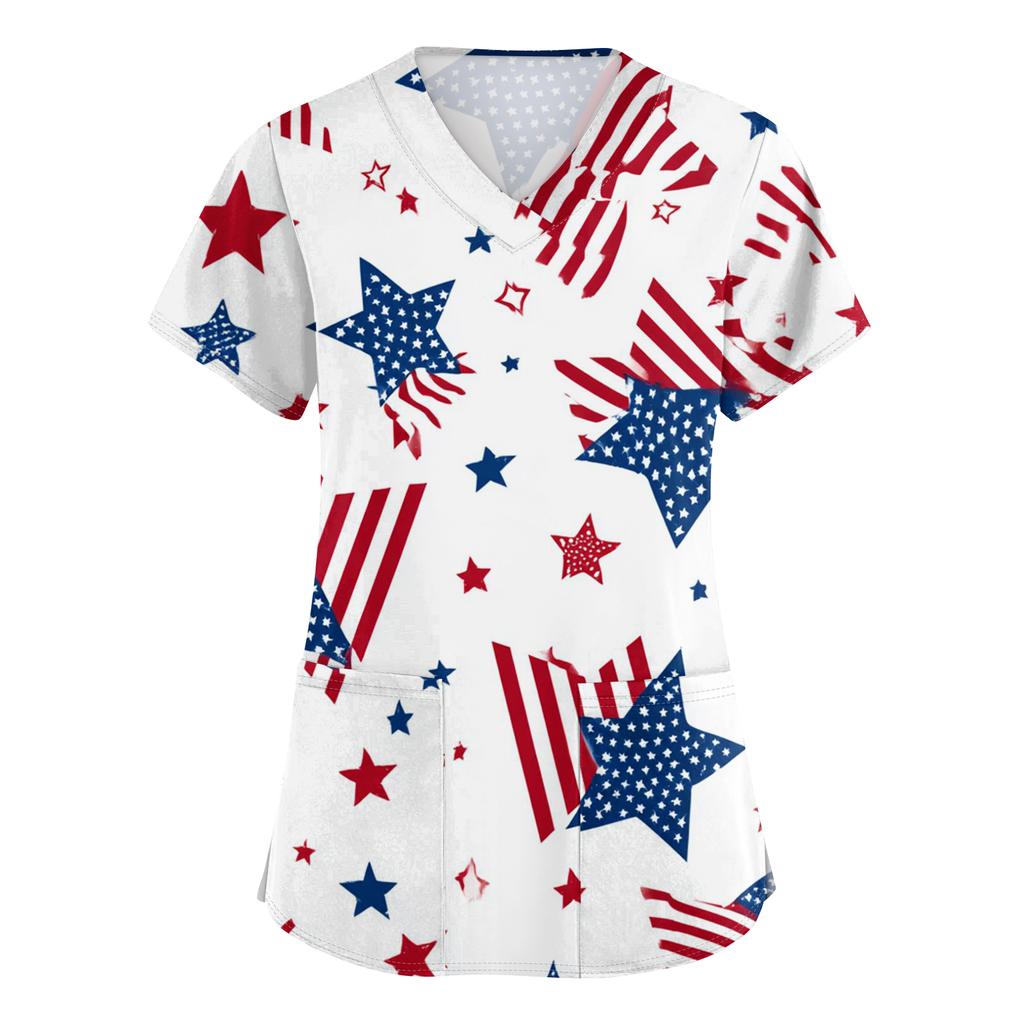 Women's Fashionable V-Neck Short-Sleeved Work Top With Pockets And Independence Day Print  Uniform