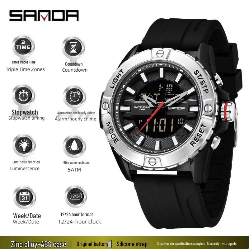 Relógio SANDA Casual com Duplo Display, Pulseira de Silicone, para Estudantes, com Função Soneca