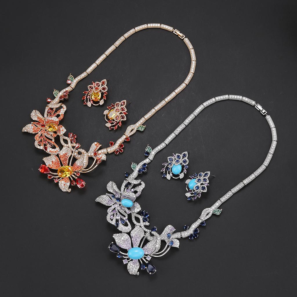 Beautiful Luxury 2 Pcs Cubic Zircon  Flower Necklace Earrings Set Women Wedding Party Jewelry Set CN11573