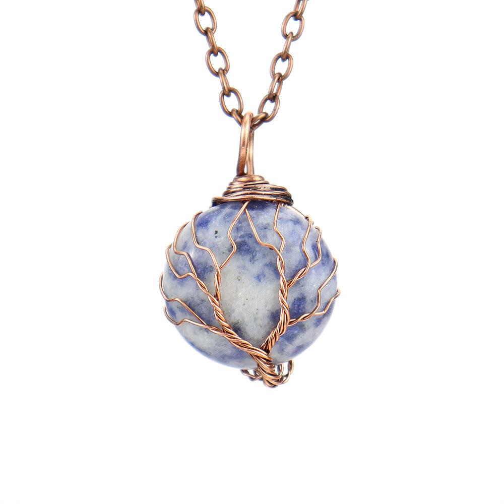 Natural Crystal Rough Stone Amethyst Round Winding Tree Of Life Pendant Necklace N647