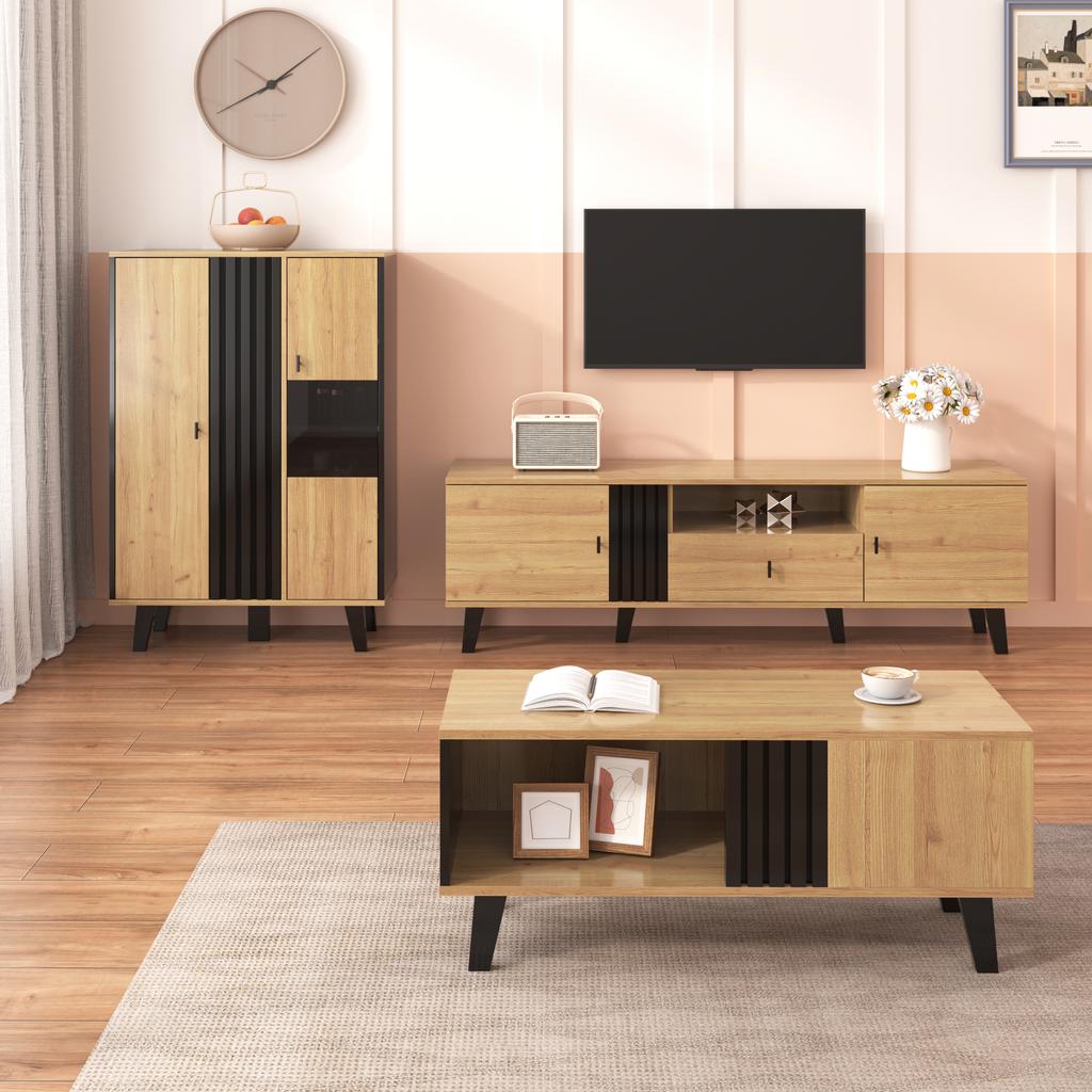 Side Cabinets, Sideboard, Display Cabinets with Glass and LED Lighting. Black and Wood Colors, Black Wood Strip Design [OLD SKU:WF313229230SAA]