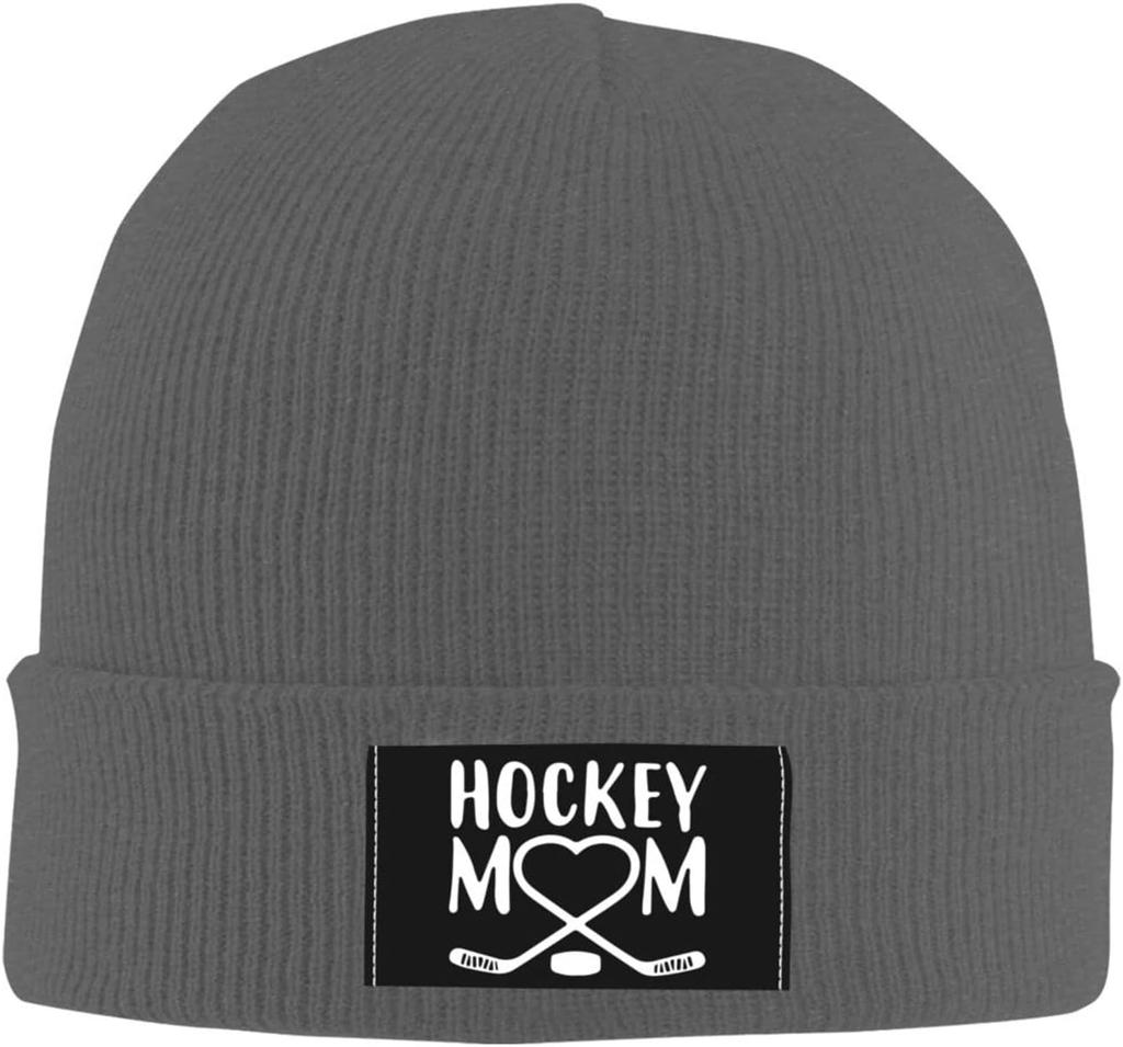 Winter Knit Hat Cap for Unisex Women, Hockey Mom Heart Daily Beanie Hat Unisex Warm Cuff Ski Skull Caps Black