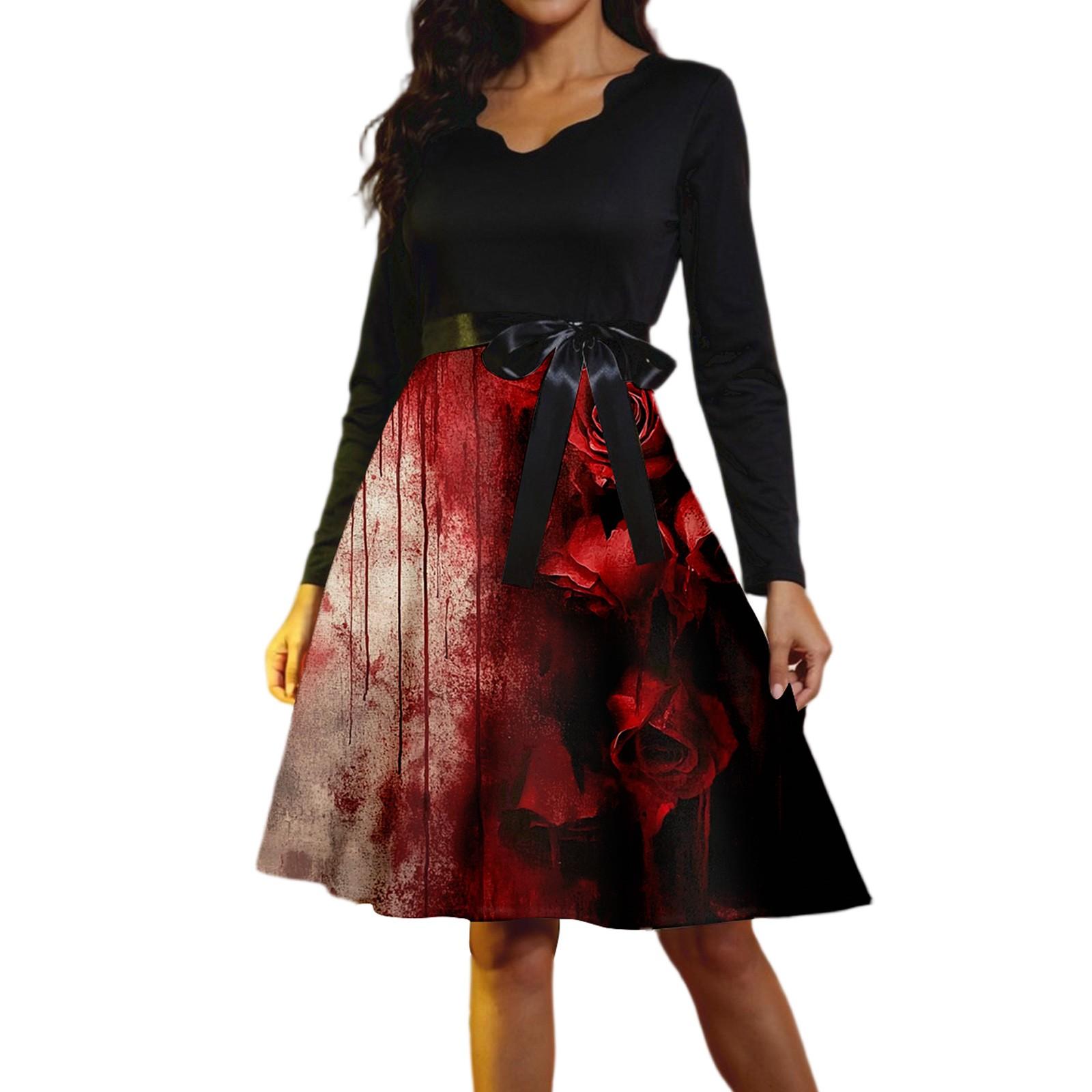 

Женские повседневные модные винтажные длинные платья с длинным рукавом на Хэллоуин и графическим принтом S киноварь