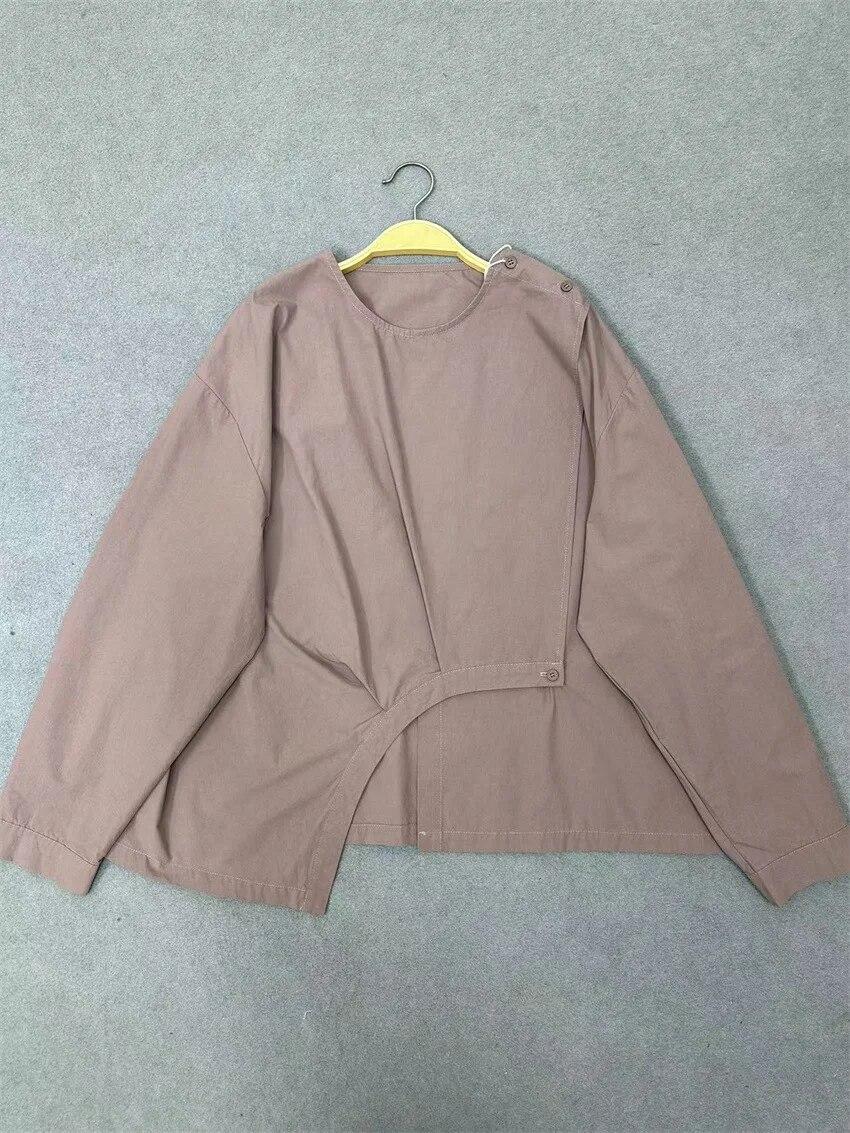 

Johnature нерегулярный дизайн с круглым вырезом, женская рубашка с длинными рукавами, весенние топы из чистого хлопка в японском стиле One Size