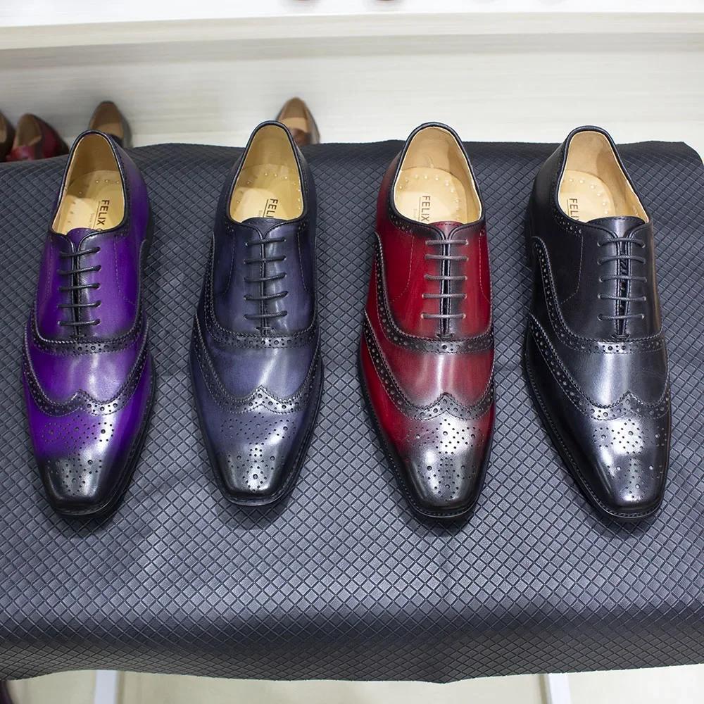 Fashion Luxury Italian Style Mens Dress Shoes Calfskin Genuine Leather Brogue Business Wedding Party Wingtip Formal Oxford Shoes for Men
