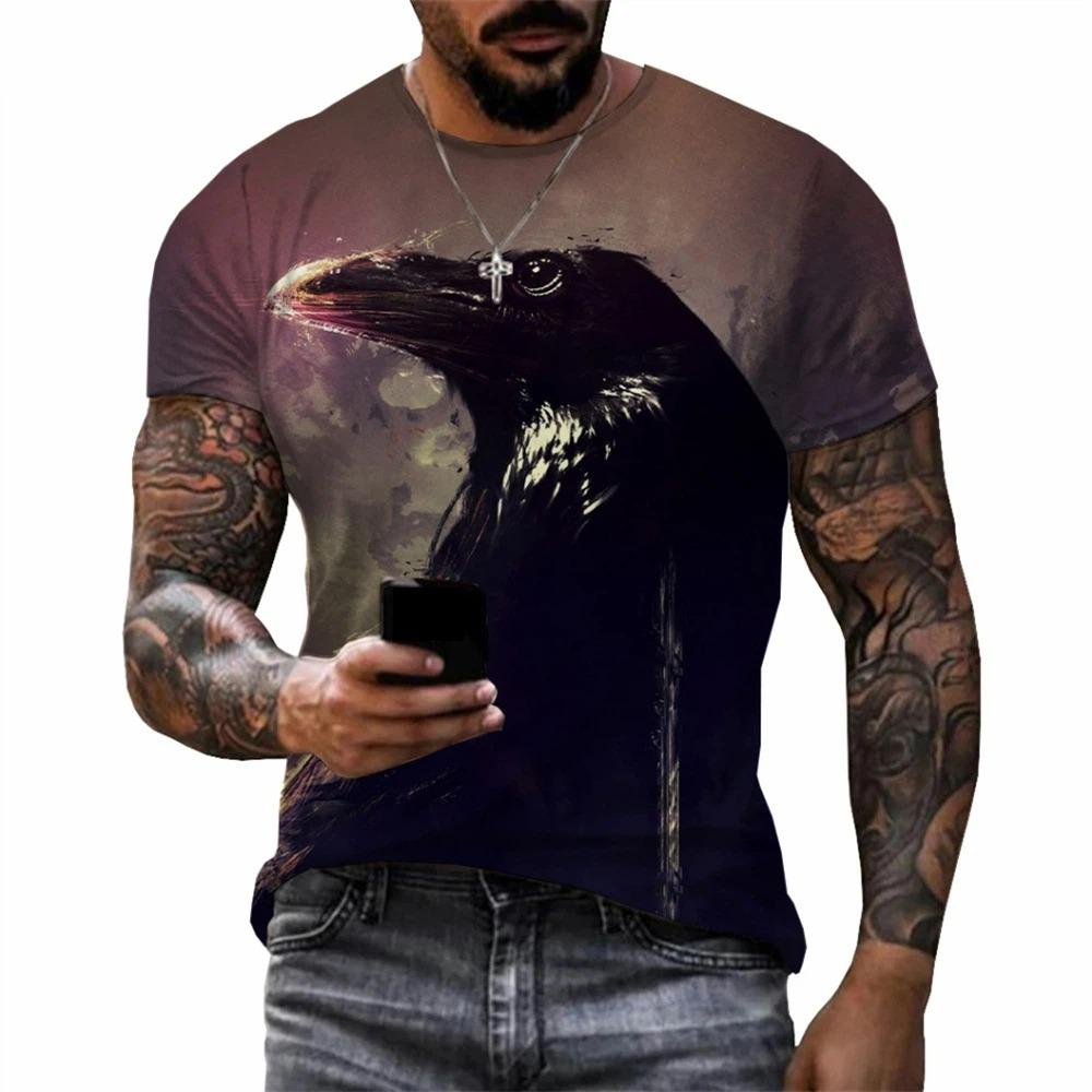 Crow Gothic Print Men's Clothing Fashion Men Crow Graphic T Shirts O-Neck Pullover T-shirts for Women Short Sleeve Tees Top