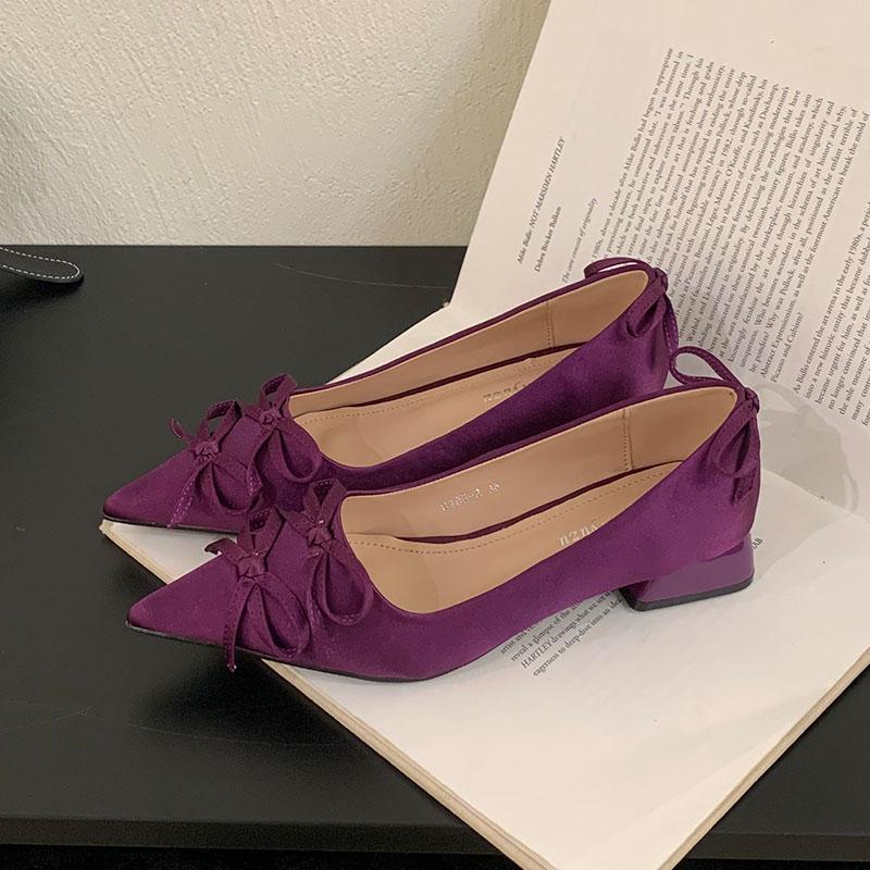 Fashion 2025 New Fashion Silk Shallow Women Low Heel Shoes Butterfly-Knot Female Slip On Footwear Pointed Toe Ladies Heels Pumps Shoes