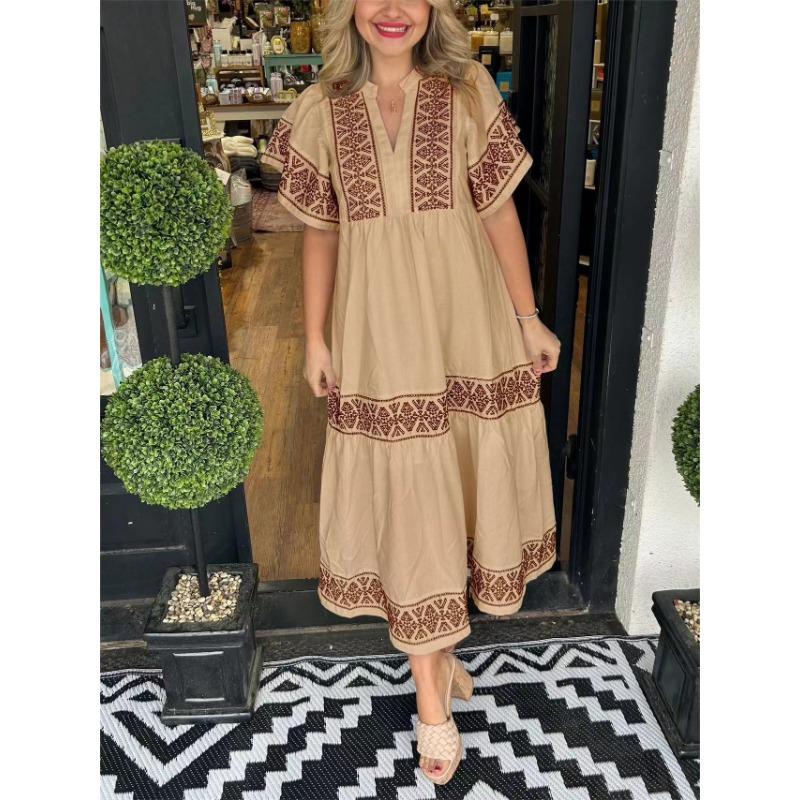 Summer Fashion V-neck Printed Loose Dress
