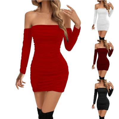 Vestidos femininos, gola única, manga comprida, plissado, temperamento, vestido envolvente, sexy, vestidos com peito envolvente