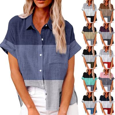 Damenmode, lockeres, lässiges, kurzärmliges Revers-Button-Down-Shirt, bedruckt mit Taschen-T-Shirt-Oberteil