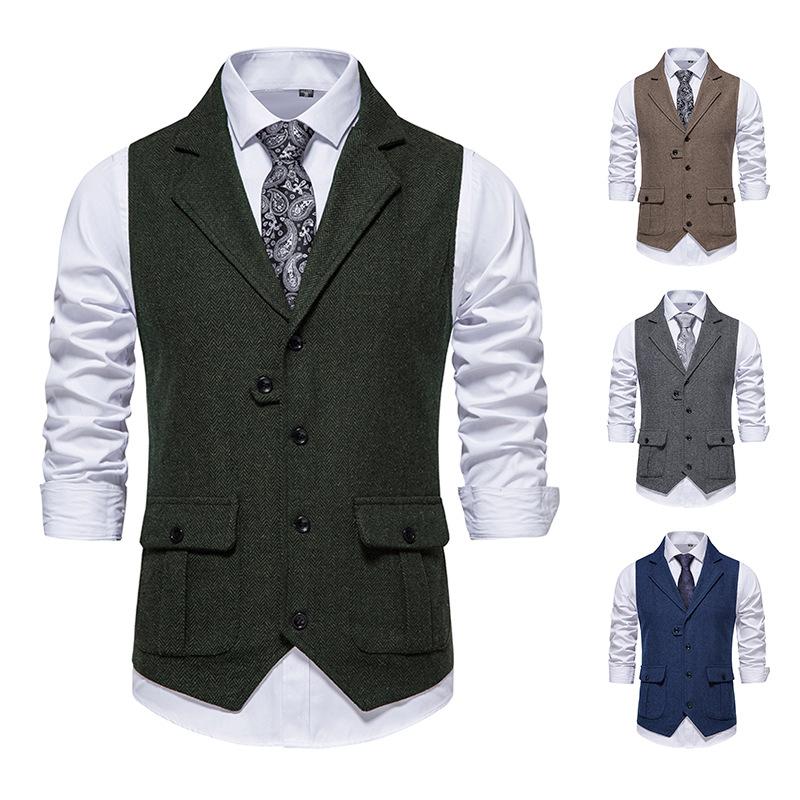 Mens Retro Vest Lapel Business Casual Single-Breasted Vest Slim Fit High Quality Mens Dress Wedding Male Tops