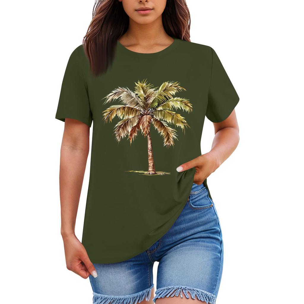 Ladies' Loose Comfortable Casual And Fashionable Hawaiian Plant Print Round Neck Short Sleeved Shirt