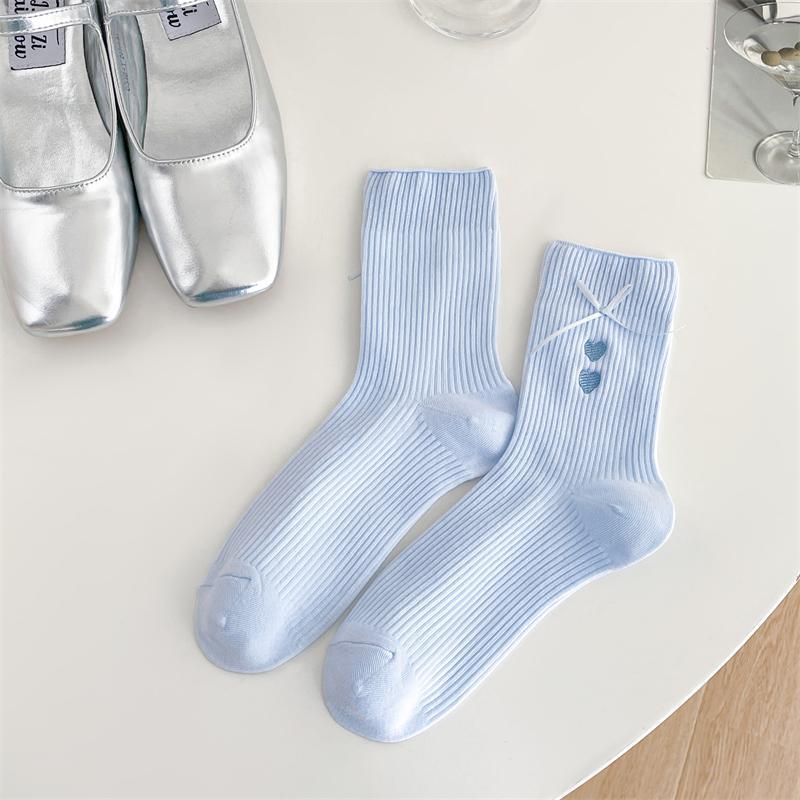 Lady Spring and Autumn Love Embroidered Bow Colored Tube Socks