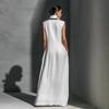 Ärmelloses Damenkleid Stehkragen V-Ausschnitt Langes Kleid Lockere Passform Polyester Elegantes Kleid mit geometrischen Mustern Bedruckt Tägliches Outfit