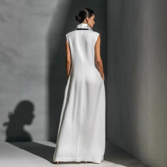 Ärmelloses Damenkleid Stehkragen V-Ausschnitt Langes Kleid Lockere Passform Polyester Elegantes Kleid mit geometrischen Mustern Bedruckt Tägliches Outfit