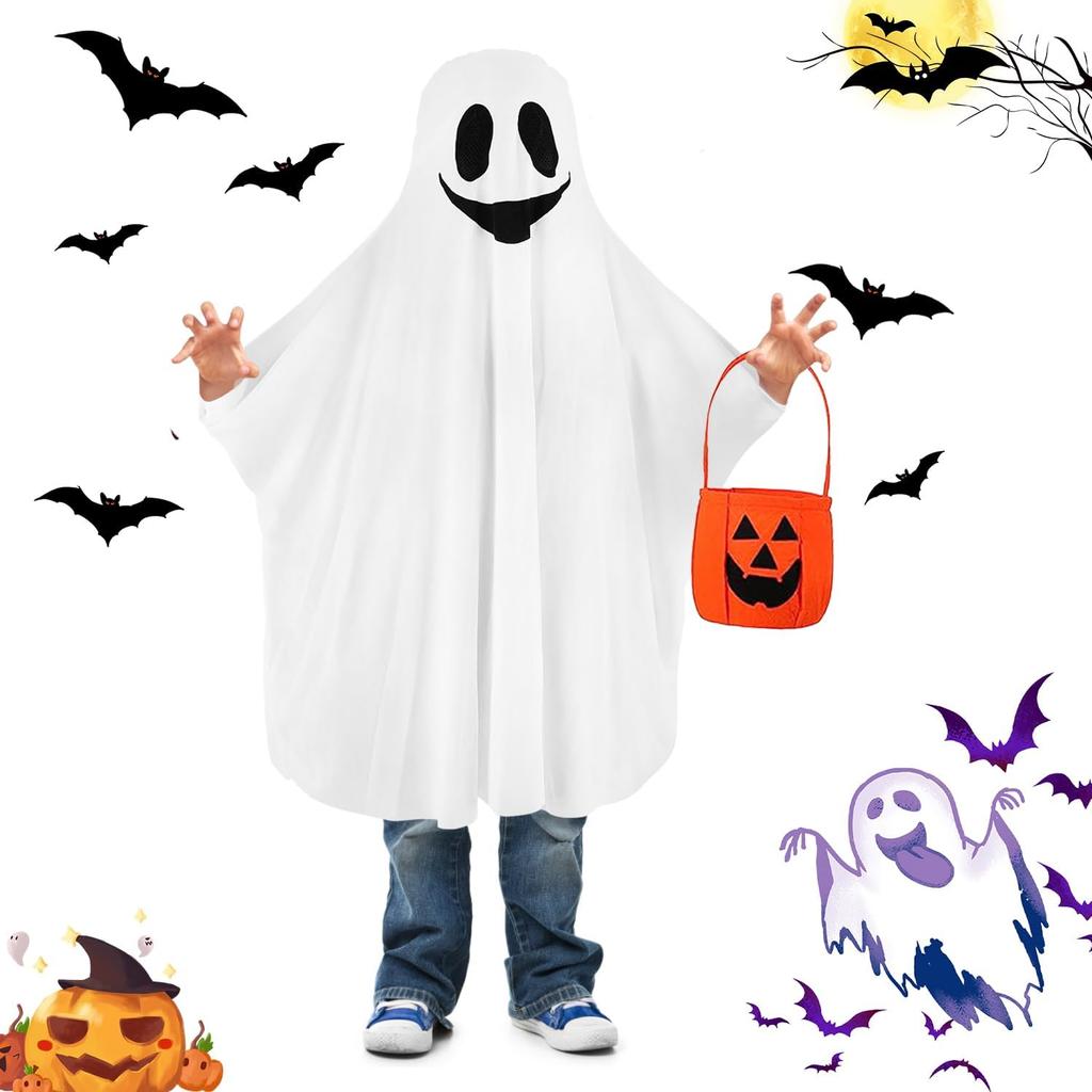 Halloween Ghost Costume Kids with Non-woven Pumpkin Trick or Treat Bags White Halloween Ghost Costume for Boys Girls