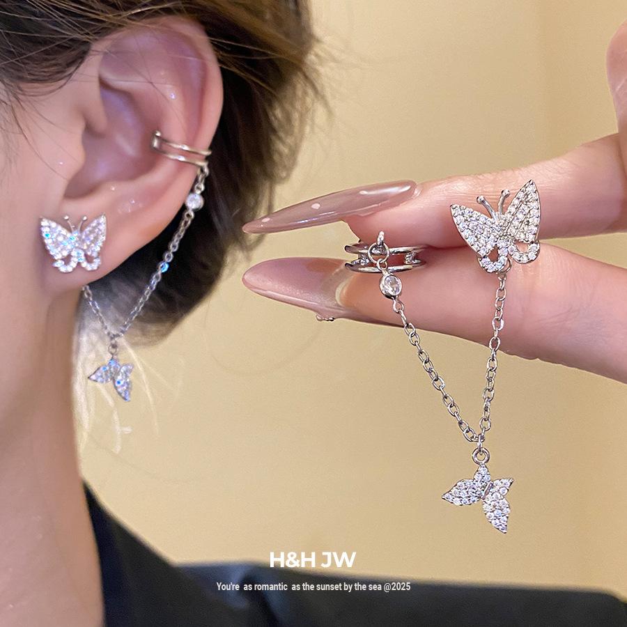 Silver Needle Zircon Butterfly Pendant Earrings Earrings Clips Personalized Design Sense Fashion Exquisite Earrings Light Luxury Premium Earrings