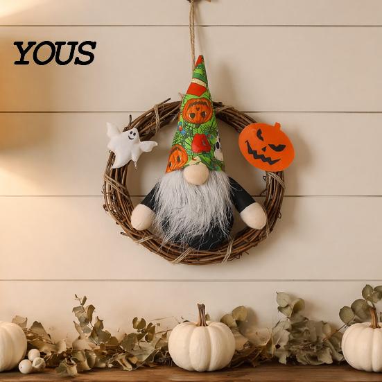 Halloween Wall Hanging Gnome Wreath, Faceless Rattan Rustic Decoration Holiday Door Hanger with Pumpkin Ghost for Front Party Decor