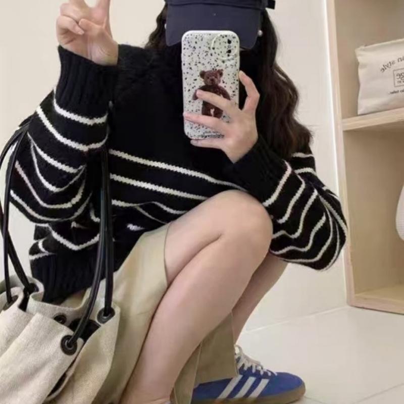 New Loose Casual Knitted Pullover Striped Women Sweater Autumn/Winter Half Zipper Fashion Korean Long Sleeve Short Top Office Knitwear Simple Clothing